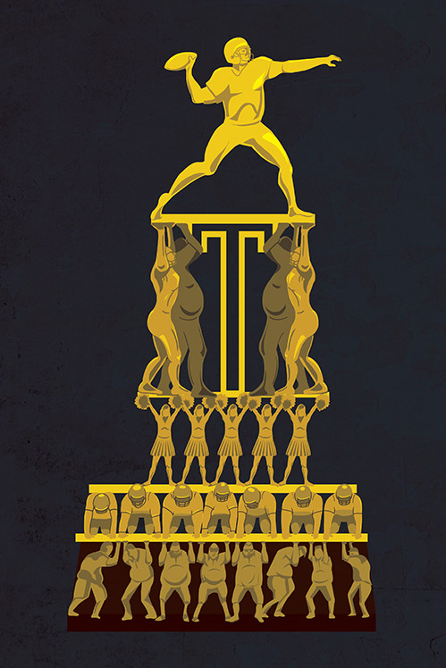 A trophy made out of various levels of athletes, staff, and support